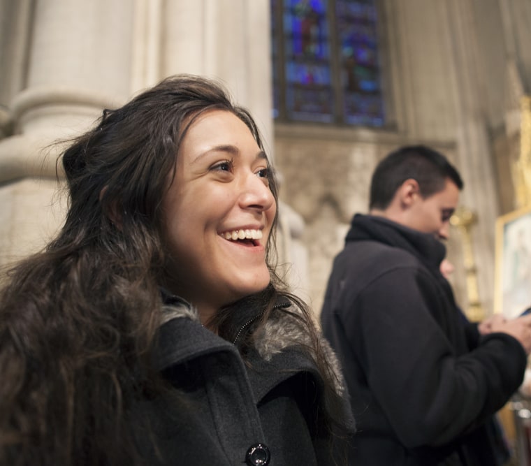 Wednesday, March 13, 2013, in New York, NY (John Makely / NBC News)
Reaction to the new pope from people gathered at St. Patrick's Cathedral. 
Ana Paula Valacco, from Buenos Aires, Argentina, reacts to the news of the election of the new Pope.