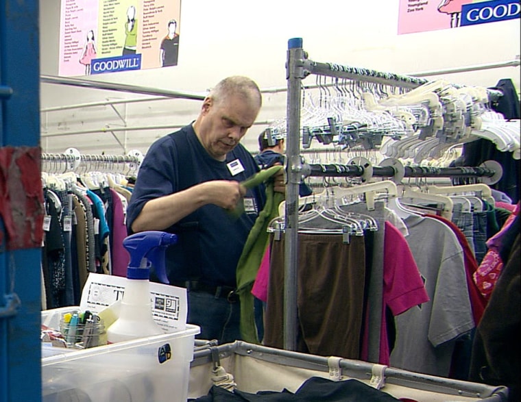 Harold Leigland works at the Goodwill facility in Great Falls, Montana, where he earns $5.46 an hour.