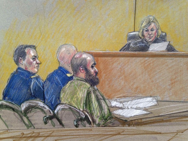 Image: Courtroom sketch of U.S. Army Major Nidal Hasan at his court martial at Fort Hood, Texas