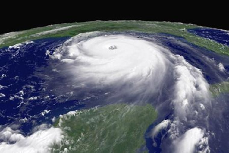 A satellite image of Hurricane Katrina as it approached the American Gulf Coast in August 2005.