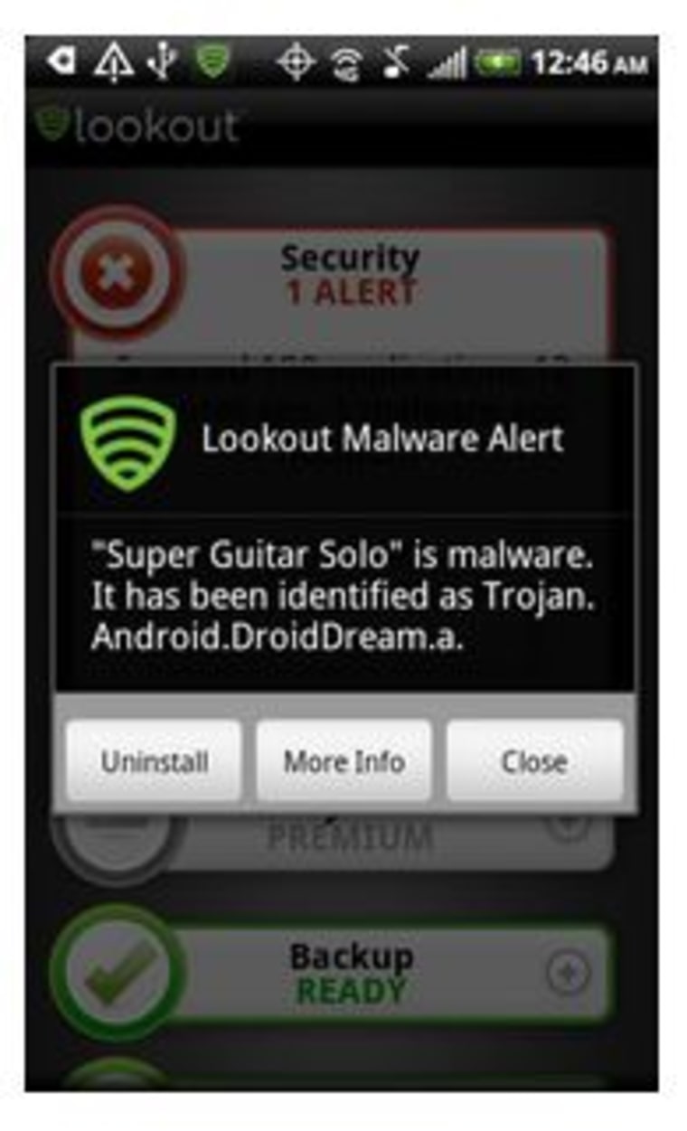 A screenshot of the Lookout app zeroing in on one of the Android apps infected with DroidDream malware.