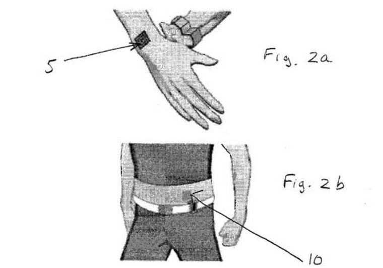 Figures from a Nokia patent filing showing how a magnetic tattoo could transmit smartphone vibrations.