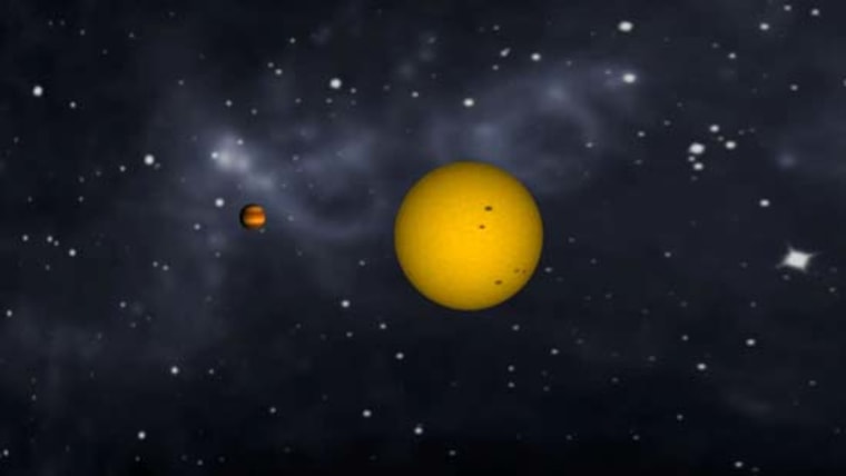Animation of tidally locked exoplanet CoRoT-1b orbiting its star and changing phases, as our moon does.
