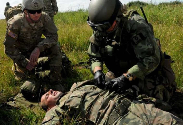 A U.S. Army Special Forces medical sergeant assigned to 1st Battalion, 10th Special Forces Group (Airborne) observes a member of the Slovak Republic 5th Special Forces Regiment conduct first aid on a simulated casualty as part of a Partnership Development Program event at the Military Training Center Lest in Slovakia.