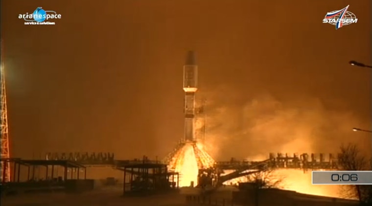 A Russian Soyuz 2 rocket launches on Dec. 28, 2011 from Baikonur Cosmodrome, Kazakhstan carrying six new Globalstar communications satellites into orbit.