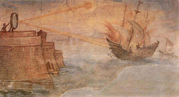 A wall painting from the Uffizi Gallery, Stanzino delle Matematiche, in Florence, Italy, shows the Greek mathematician Archimedes' mirror burning Roman military ships. Painted in 1600 by Gieulio Parigi. 
