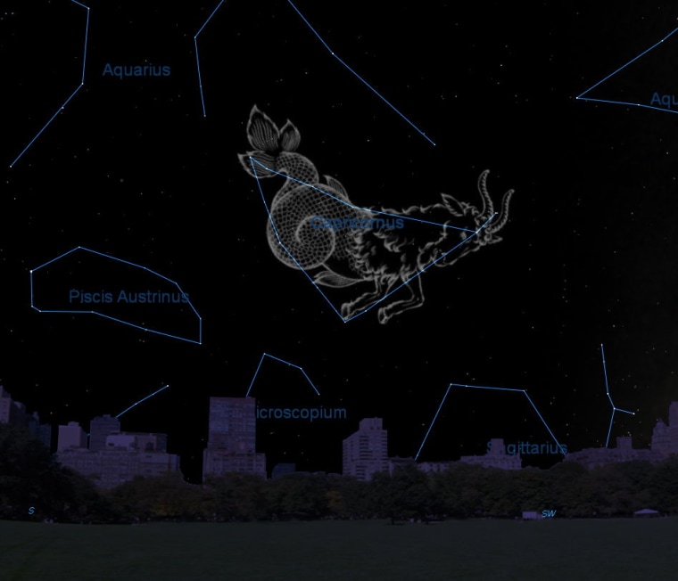 This sky map shows the location of the constellation Capricornus in the October evening sky as viewed from mid-northern latitudes. 