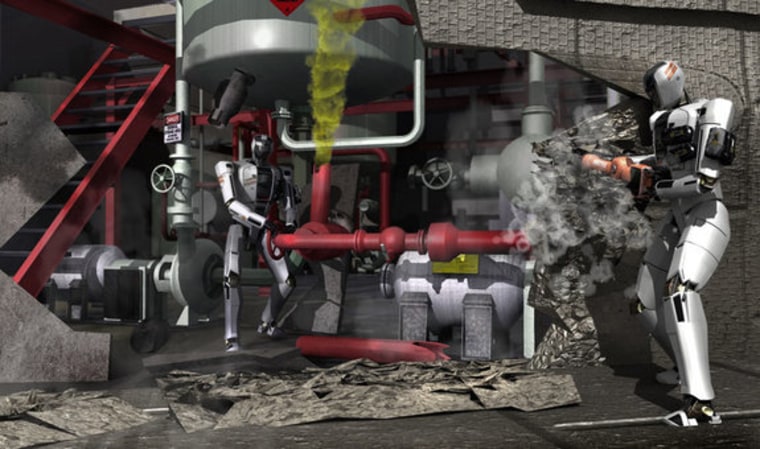 This is an illustration of humanoid robots working in a disaster scenario.