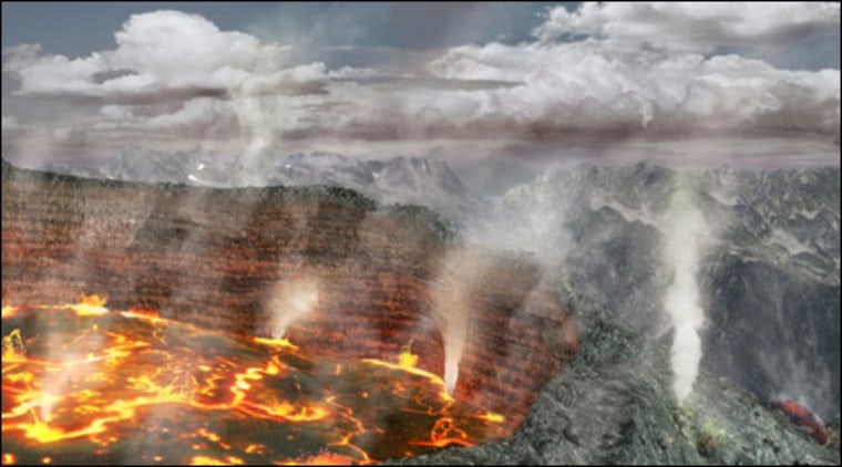 Getty Images |
 
The \"Press\" 
An illustration of a large-scale volcanic eruption. In a recent paper, scientists argue that there are two types of events that can cause extinctions -- \"pulses\" such as asteroid impacts and \"presses\" such as million-year-long eruptions. The chances of a mass extinction event go way up when both happen together, they said.