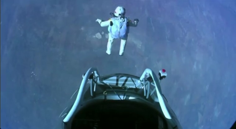 Skydiver Felix Baumgartner makes the highest skydive ever Oct. 14, 2012. He jumped from 128,000 feet (39,000 meters), or about 24 miles up, during the Red Bull Stratos mission.