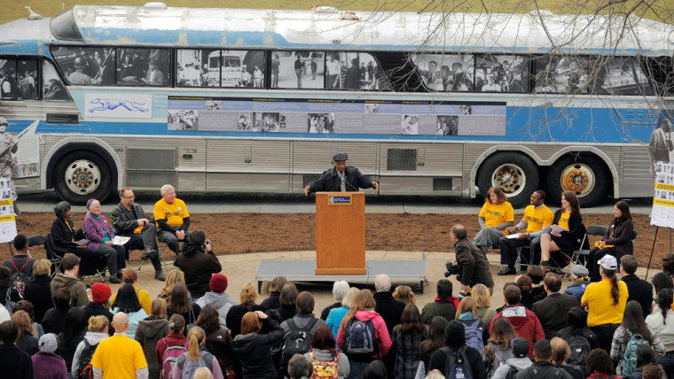 FILE - In this Feb. 7, 2011 file photo, former Freedom Rider Rev. Reginald Green speaks during the launch of a semester-long celebration of the 50th anniversary of the Freedom Riders in Fredericksburg, Va, at the University of Mary Washington. Forty college students will join a handful of the original Freedom Riders on a 10-day journey from Washington, D.C., to New Orleans. Along the way they will stop in a number of cities, including those where the riders were harassed, physically attacked and arrested. (AP Photo/The Free-Lance Star, Peter Cihelka, File)