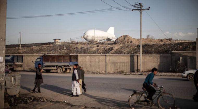 This spy balloon, called an aerostat by the U.S. military, is tethered at a military base in Kabul, Afghanistan.