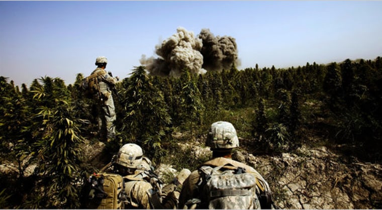 Image: Army engineers blowing up a house behind a field of marijuana in the Zhare District of Kandahar Province