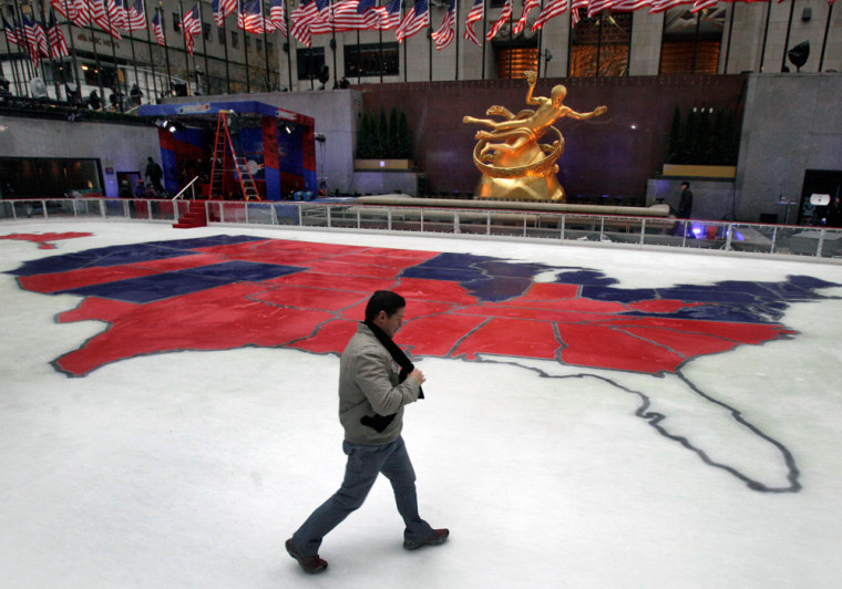 Image: The ice skating rink in New York's Rockefeller Center shows the results of Tuesday's presidential election