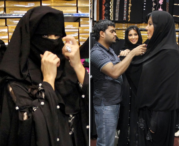 Kim Kardashian shops in the gold district of Dubai, United Arab Emirates, with her mother Kris Jenner in October 2011 ... but the two go out and about wearing the traditional burqa outfit to do so. Despite the cover up, fans recognize them on the street and cheer for the Kardashians.