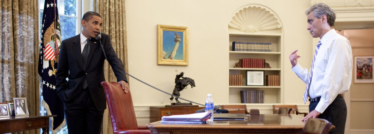 Image: President Barack Obama talks with Chief of Staff Rahm Emanuel