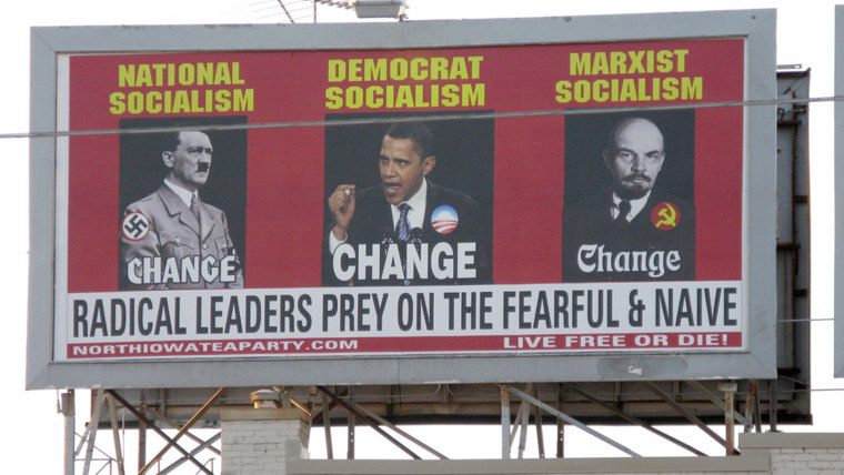 A billboard ordered and paid for by the North Iowa Tea Party shows President Barack Obama, Adolf Hitler, left and Vladimir Lenin, in Mason City, Iowa. The billboard has now been papered over. 