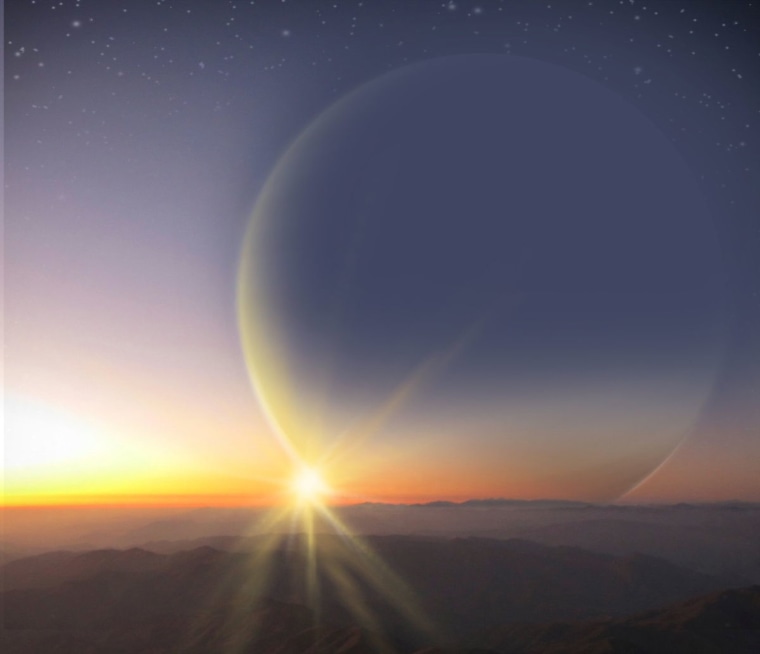 This artist's Impression depicts the view from a moon around newly found planet PH2 b.