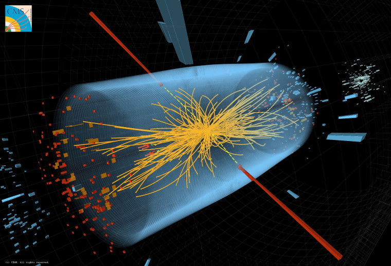 A typical candidate event at the Large Hadron Collider (LHC), including two high-energy photons whose energy (depicted by red towers) is measured in the CMS electromagnetic calorimeter. The yellow lines are the measured tracks of other particles produced in the collision. The pale blue volume shows the CMS crystal calorimeter barrel.