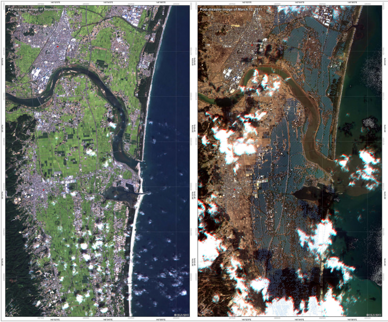 These images were acquired by the German Optical RapidEye and radar TerraSAR-X satellites. They show Torinoumi on the eastern coast of Japan before the disaster on Sept. 5 2010 and after the tsunami on March 12, 2011. The German Aerospace Center, DLR, is responding to the disaster through its Center for Satellite Based Crisis Information to provide information for the International Charter. 