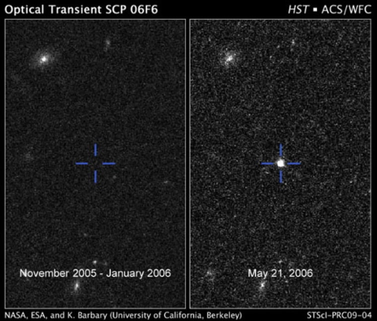 NASA/ESA |
 
Mystery Light
While conducting a routine search for distant supernovae, astronomers observed a bright burst of light that they can't account for (pictured here on right). The Hubble Space Telescope first imaged the light on Feb. 21, 2006. It brightened for the next 100 days and then faded into oblivion. Astronomers speaking last week at the American Astronomical Society meeting in California say it is unlike anything previously observed.