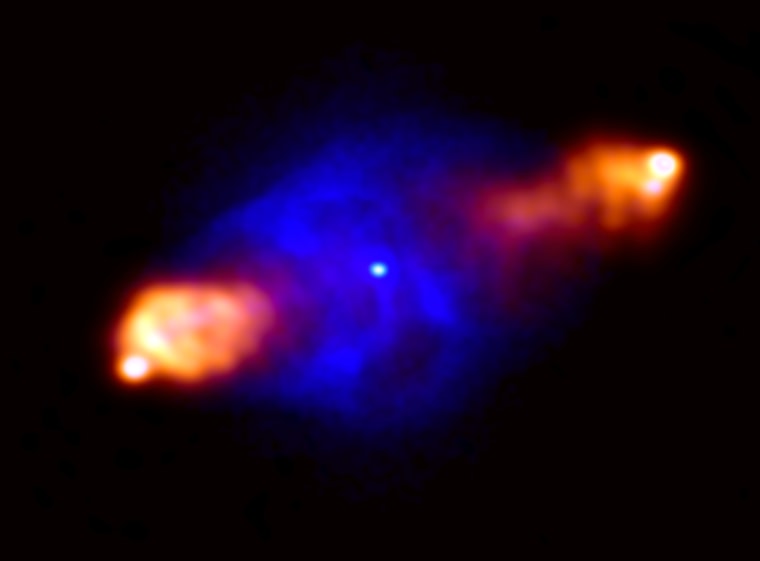 The giant LOFAR radio telescope network will be used, among other things, to take a close look at giant black holes like the one at the heart of active galaxy Cygnus A (shown here), which is about 700 million light-years from Earth. This image from LOFAR shows plasma jets from the black hole that stretch 2,000 light-years from the core of Cygnus A.