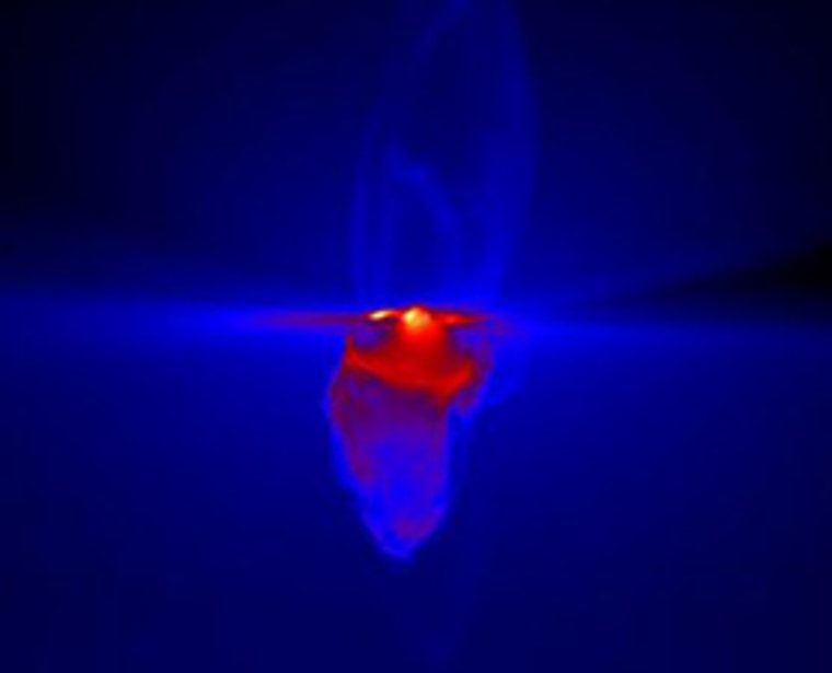 A simulated observation of a massive star. A new model shows that ionized gas shed from stars ends up cooling and concentrating into filaments that then feed the growing stars.