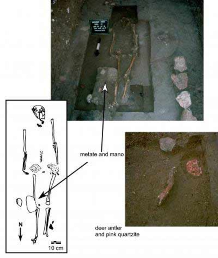 The torso and pelvis of this body, found in the floor of one of the homes Lucero excavated, had been removed. A matate and mano, used for grinding corn, were found near the right knee. A deer antler and pink quartzite stone were buried beneath the chest area. 