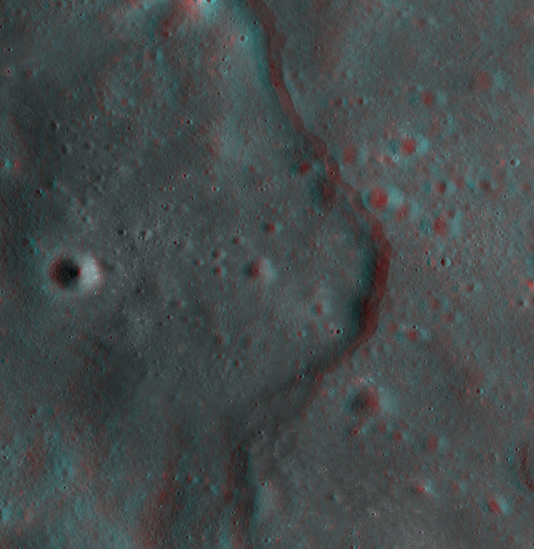 This new 3-D image of the moon shows the Korolev lobate scarp, a type of cliff mostly found in the moon's highlands.