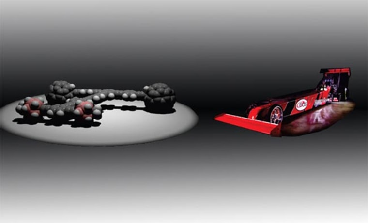 The molecular motorcar on the left, called a "nanodragster," could spur new nanotechnologies such as factories that build products atom-by-atom. 