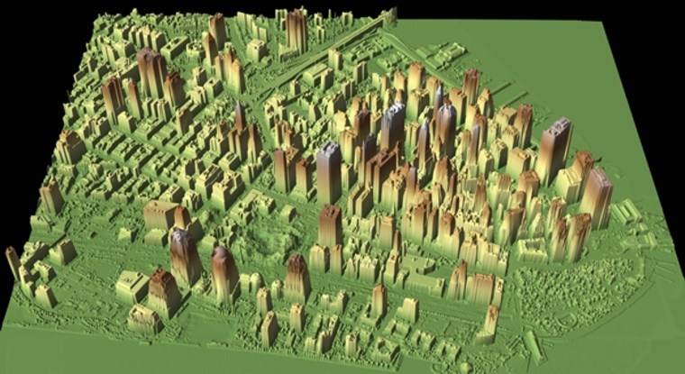 A lidar-generated map of downtown Manhattan after the September 11, 2001 attacks. A new map slated for later this year will be the most detailed 3-D city map yet. 