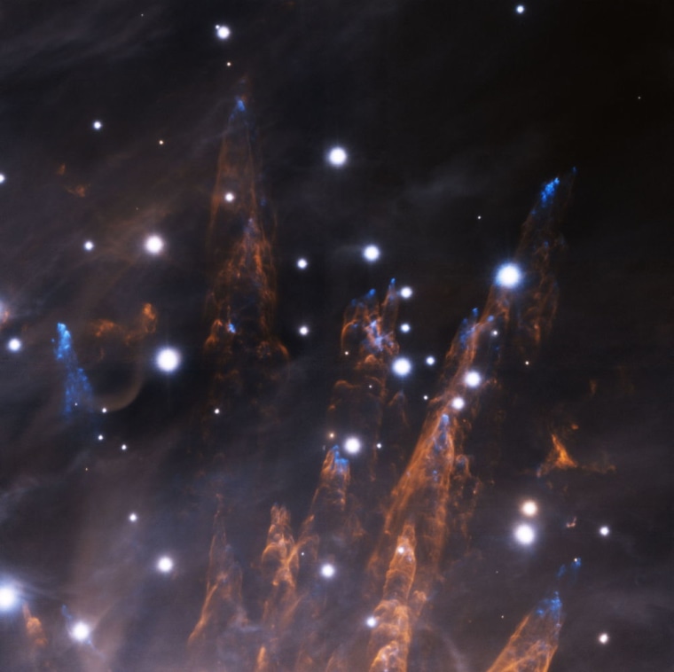 This image, obtained during the late commissioning phase of the GeMS adaptive optics system, with the Gemini South AO Imager (GSAOI) on the night of December 28, 2012, reveals exquisite details in the outskirts of the Orion Nebula.