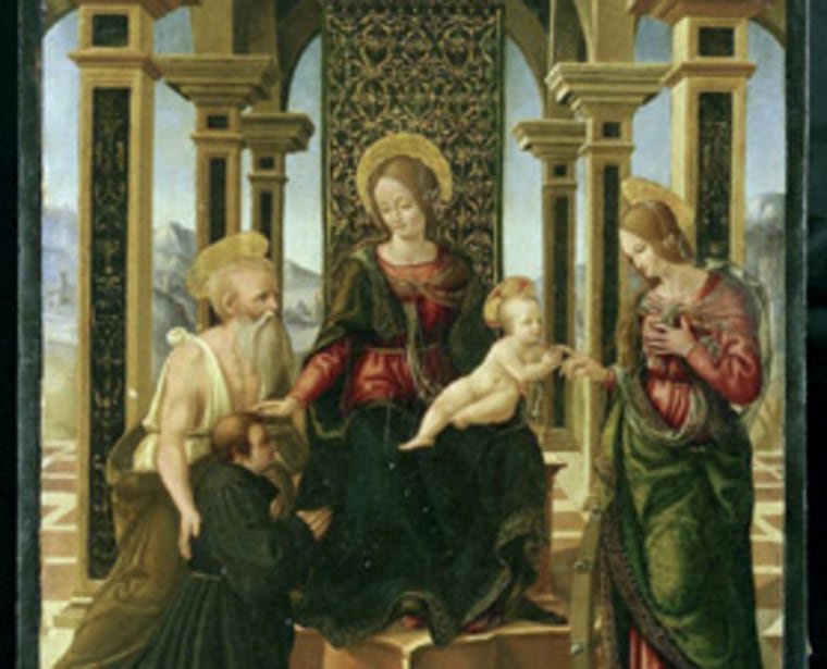 In Raphael's work, "The Mystical Marriage of St. Catherine," shown here, the artist appears to have left his signature within decorations behind the Virgin Mary figure. 