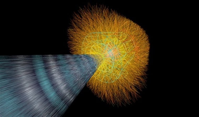 A simulation of a lead ion collision in the ALICE experiment at CERN in Geneva, Switzerland.