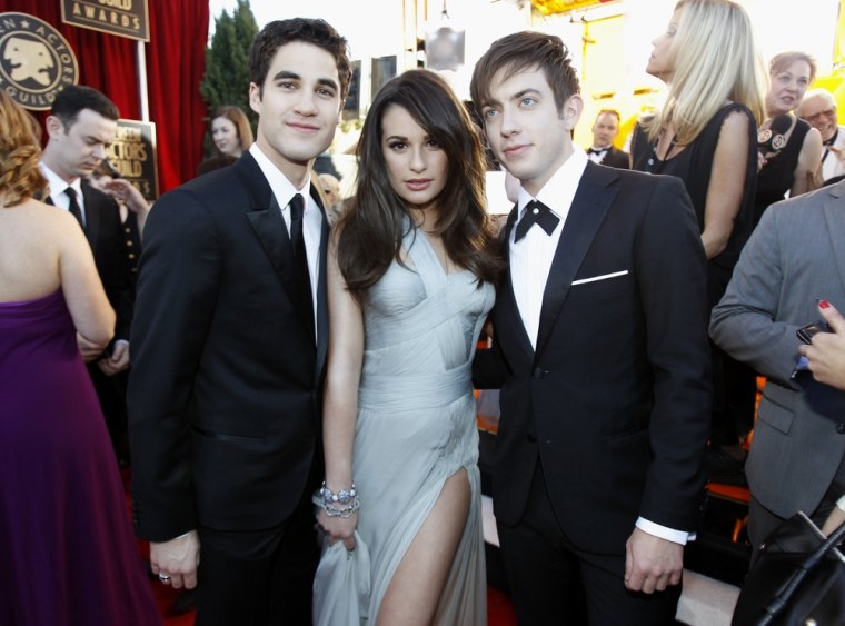 Image: Actors Darren Criss, Lea Michele and Kevin McHale arrive at the 18th annual Screen Actors Guild Awards in Los Angeles