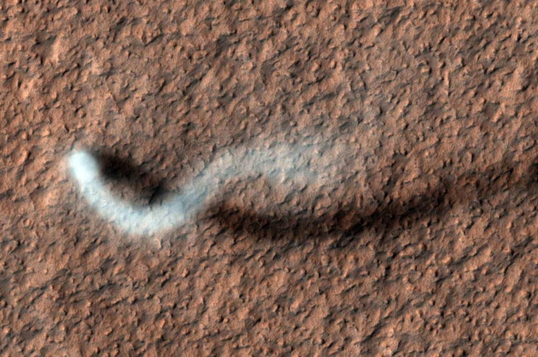 Image: Towering dust devil casting a serpentine shadow over the Martian surface