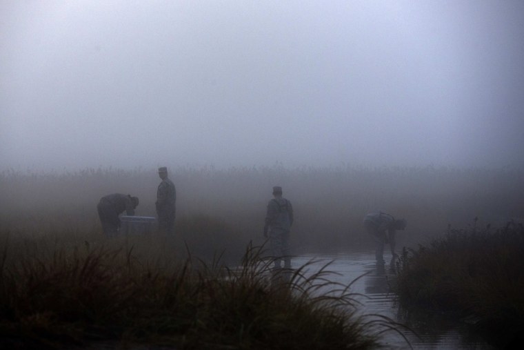 Image: Members of the U.S. Army's 62nd Medical Brigade Preventive Medicine Detachment take water samples during early morning fog in Breezy Point, after the neighborhood was left devastated by Hurricane Sandy in the New York borough of Queens