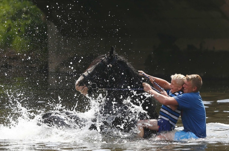 Image: Travellers washes their horse in the river Eden at Appleby in Westmorland