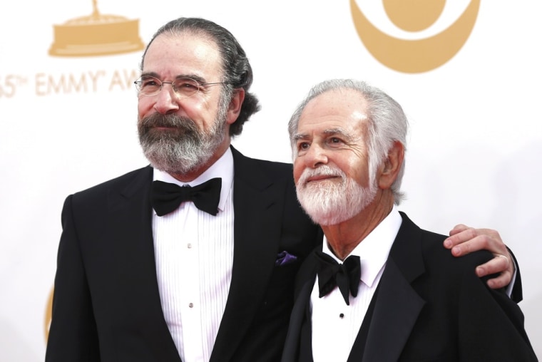 Image: Actor Mandy Patinkin from Showtime's \"Homeland\" arrives with his father Lester Patinkin at the 65th Primetime Emmy Awards in Los Angeles