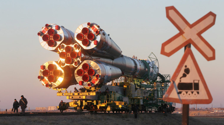 Image: Soyuz TMA-11M spacecraft, moved for installation at a launch pad at a cosmodrome in Baikonur