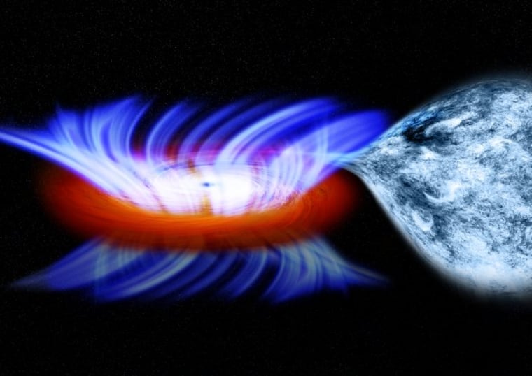 This artist's impression shows a binary system containing a stellar-mass black hole called IGR J17091-3624. The strong gravity of the black hole, on the left, is pulling gas away from a companion star on the right. This gas forms a disk of hot gas around the black hole, and the wind is driven off this disk at 20 million mph.