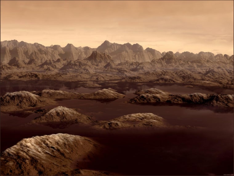 This artist's concept shows similar lakes of ethane thought to exist on Saturn's moon Titan. 