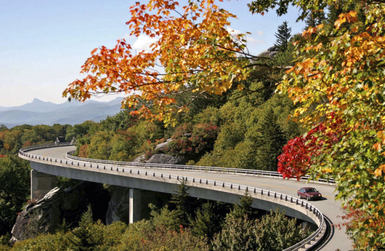 Beautiful fall drives, like this one on the Blue Ridge Parkway in North Carolina, aren't found only in New England.