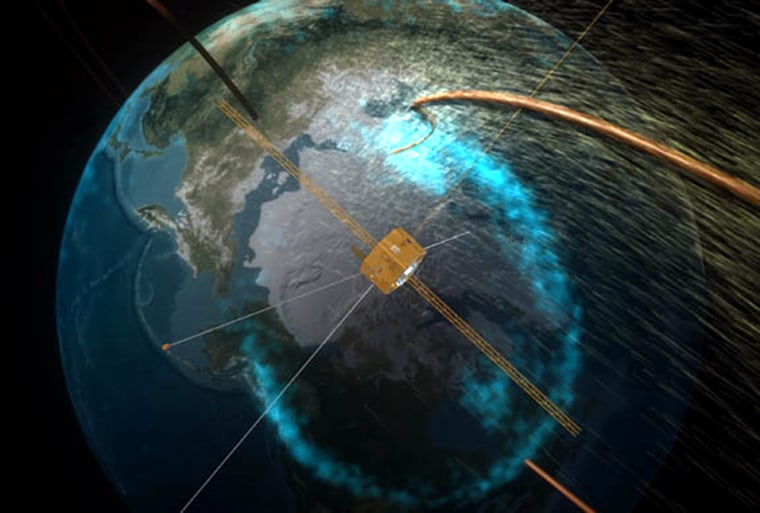 In this artist's conception, the Image satellite monitors a proton aurora over the Arctic. NASA says the satellite has stopped operating after six years.