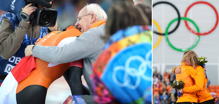 epa04067207 Michael Mulder of the Netherlands (C-L) is embraced by father Luud Mulder (C-R) after winning Gold in the Mens 500 m of the Speed Skating event in the Adler Arena at the Sochi 2014 Olympic Games, Sochi, Russia, 10 February 2014.  EPA/HANNIBAL HANSCHKE

Twin brothers from the Netherlands, gold medallist Michel Mulder, second right, and bronze medallist Ronald, right, hug as silver medallist Jan Smeekens of the Netherlands looks down after losing the gold medal with 12 thousandth of a second in the men's 500-meter speedskating race at the Adler Arena Skating Center at the 2014 Winter Olympics, Monday, Feb. 10, 2014, in Sochi, Russia. (AP Photo/Patrick Semansky)