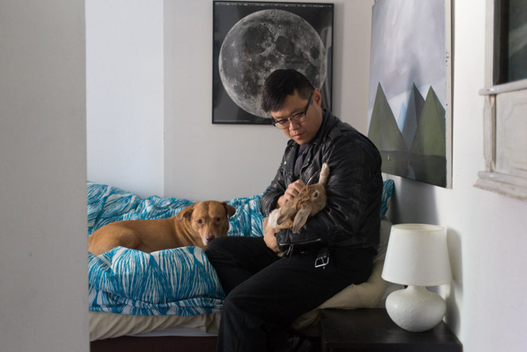 Phillip Kim lives with his eight-year-old Pitbull named Sienna and his 10-year-old Rabbit named Lucah (sp) in New York.
