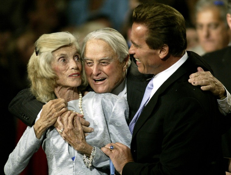 Image: File image of California gubernatorial candidate Arnold Schwarzenegger and Sargent and Eunice Shriver in California