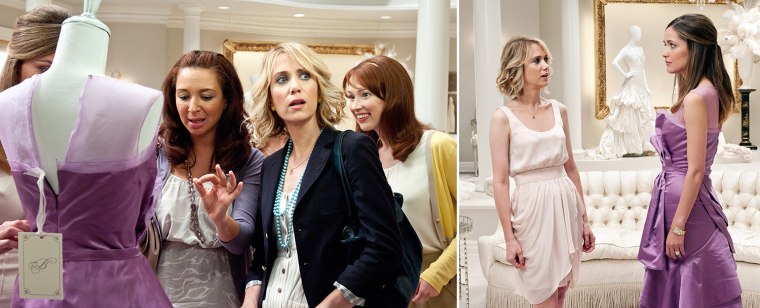 BRIDESMAIDS, from left: Rose Byrne (obscured), Maya Rudolph, Kristen Wiig, Ellie Kemper, 2011. ph: Suzanne Hanover/Â©Universal Pictures/Courtesy Everett Collection
