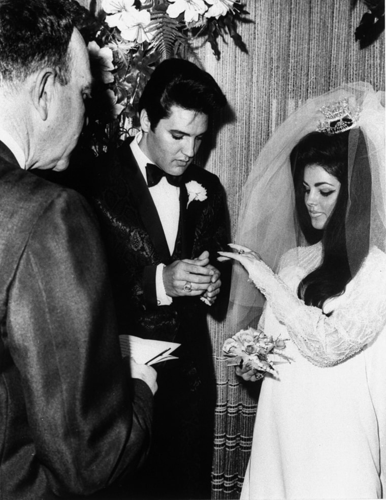 Singer Elvis Presley and Priscilla Ann Beaulieu are shown being married in Las Vegas, Nevada, May 1, 1967 by Nevada Supreme Court Justice David Zenoff.  It was the first marriage for both Elvis and Priscilla.  (AP Photo)