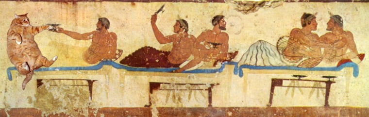 Venus Heavenly and Earthly
Our image at the symposium in the time of Plato found on the fresco at the north wall of the Tomb of the Diver in Paestum:

Symposium, Paestum, Tomb of the Diver (470 B.C.)